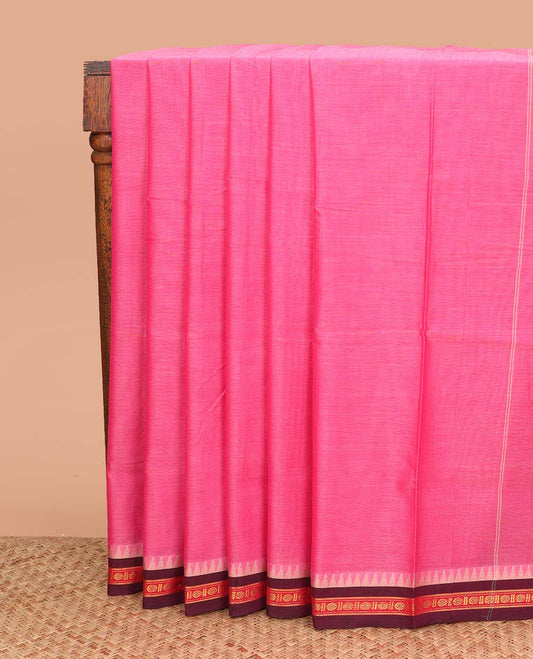 Pink plain Narayanpet cotton saree, contrast temple rudraksham border, and striped pallu