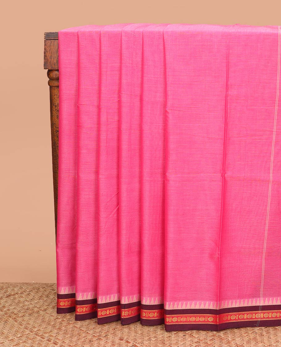 Pink plain Narayanpet cotton saree, contrast temple rudraksham border, and striped pallu