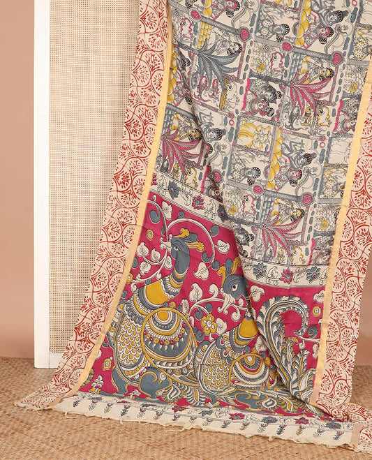 Sandal-base flora-fauna and Radha krishna motifs machine-printed Kalamkari cotton saree, ogee patterned zari border, and contrast kalamkari peacock printed pallu