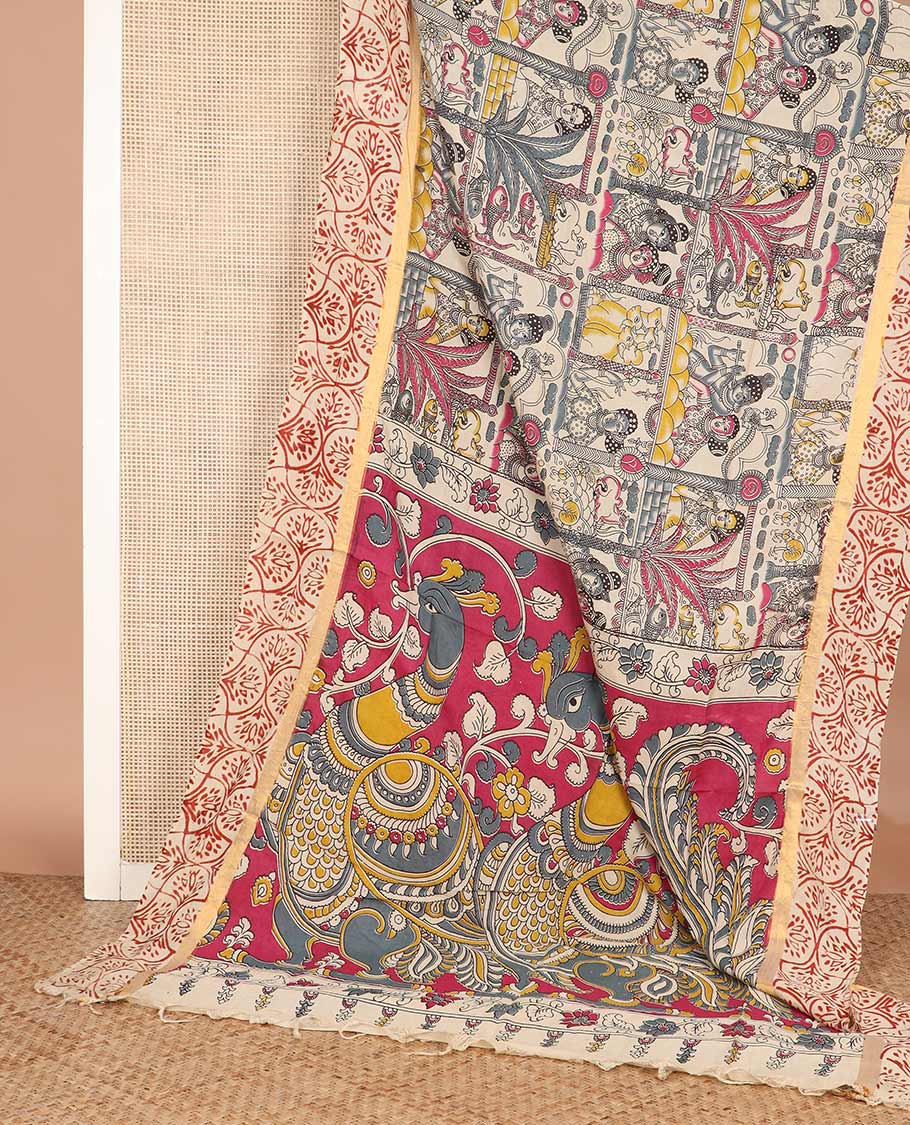 Sandal-base flora-fauna and Radha krishna motifs machine-printed Kalamkari cotton saree, ogee patterned zari border, and contrast kalamkari peacock printed pallu