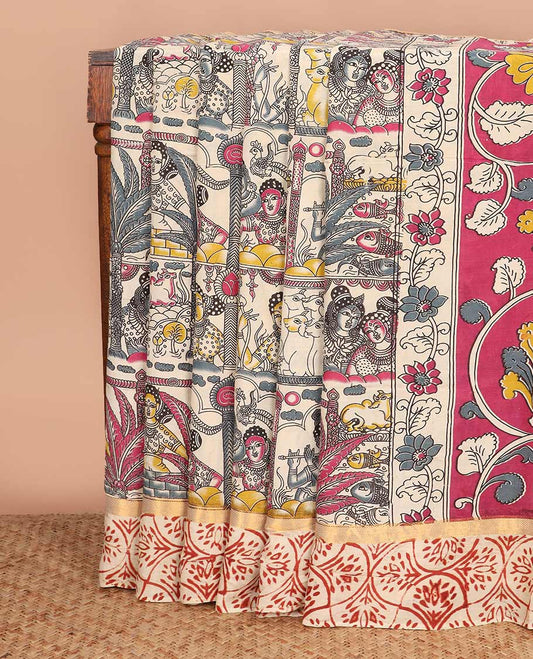 Sandal-base flora-fauna and Radha krishna motifs machine-printed Kalamkari cotton saree, ogee patterned zari border, and contrast kalamkari peacock printed pallu