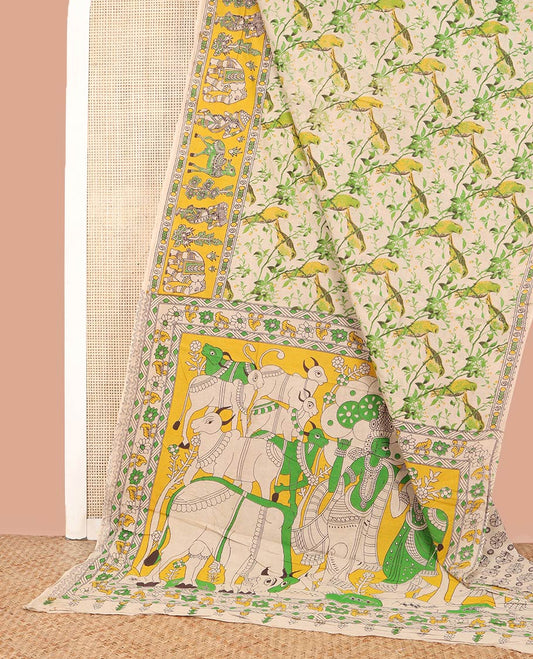 Light Sandal Machine-Printed Kalamkari Cotton Saree, Embellished with Leaf and Bird Printed on Its Body, Contrast-Printed Border, Pallu of Pichwai Cow and Lord Krishna Print, and Paired with a Printed Blouse