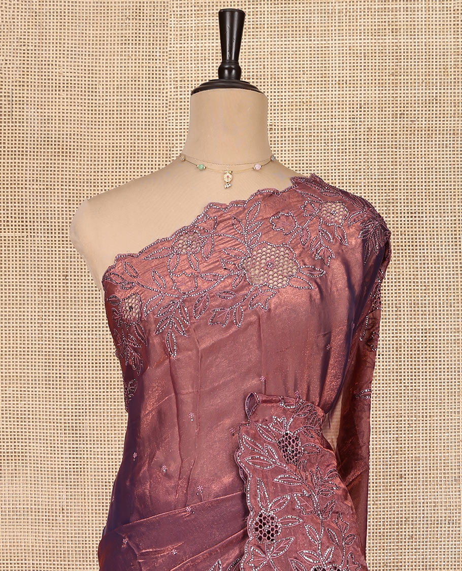 Copper Designer Saree, Spotlighted with Stonework, Scallop-Cut Stonework Border, Self Pallu, and Matching Blouse
