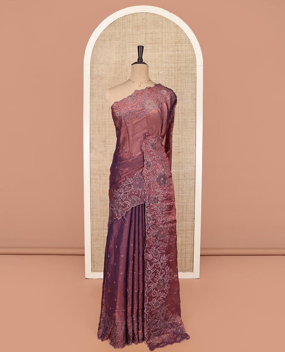 Copper Designer Saree, Spotlighted with Stonework, Scallop-Cut Stonework Border, Self Pallu, and Matching Blouse