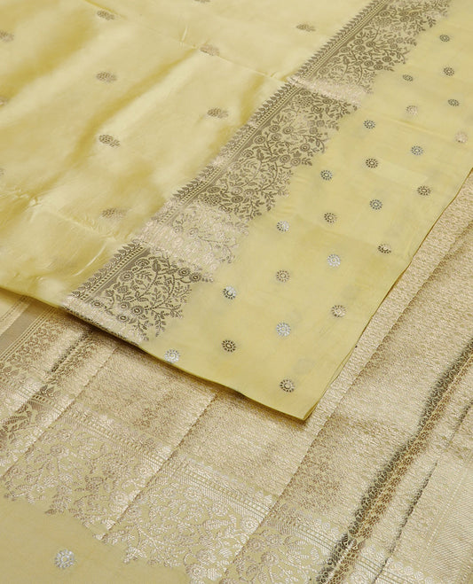 Lemon yellow floral motifs raw mango silk saree with self zari design & floral design pallu