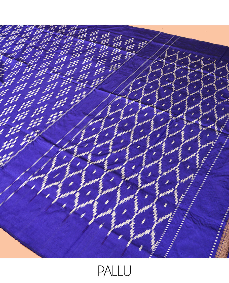 Blue Pochampally Ikat Silk Saree, Ornamented with Ikat Buttas, Highlighted by Self-Pallu of Jaal Design, and a Matching Blouse