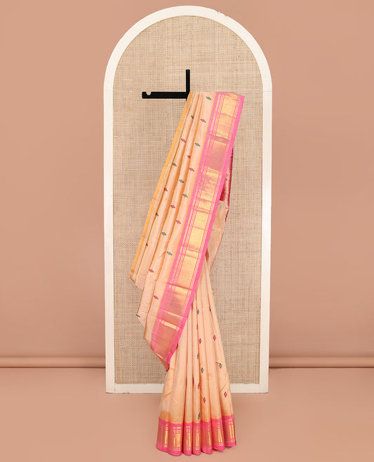 Sandal Kanchipuram Silk Saree, Beautifully Bedecked with Thread Buttas on Its Body, Complemented by a Contrast One-Sided Border of Paneer Sombu, Banaras, and Jaal Designs, Pallu of Floral Designs, and Comes Without a Blouse