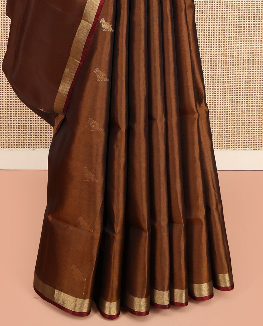 Brown Mayuri Lite Silk Mix Saree, Embellished with Bird Buttas, Highlighted by Zari Border, Contrast Intricately Designed Pallu, and a Contrast Blouse
