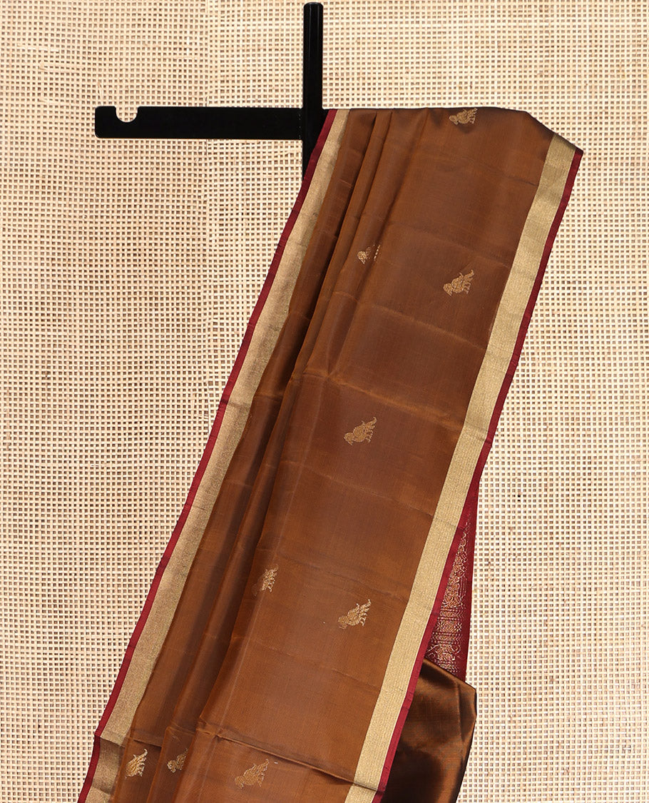Brown Mayuri Lite Silk Mix Saree, Embellished with Bird Buttas, Highlighted by Zari Border, Contrast Intricately Designed Pallu, and a Contrast Blouse
