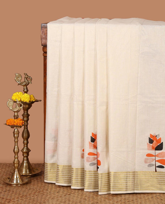 Cream vertical zari striped Kerala cotton saree, zari border & pallu of tree-style motifs screen print