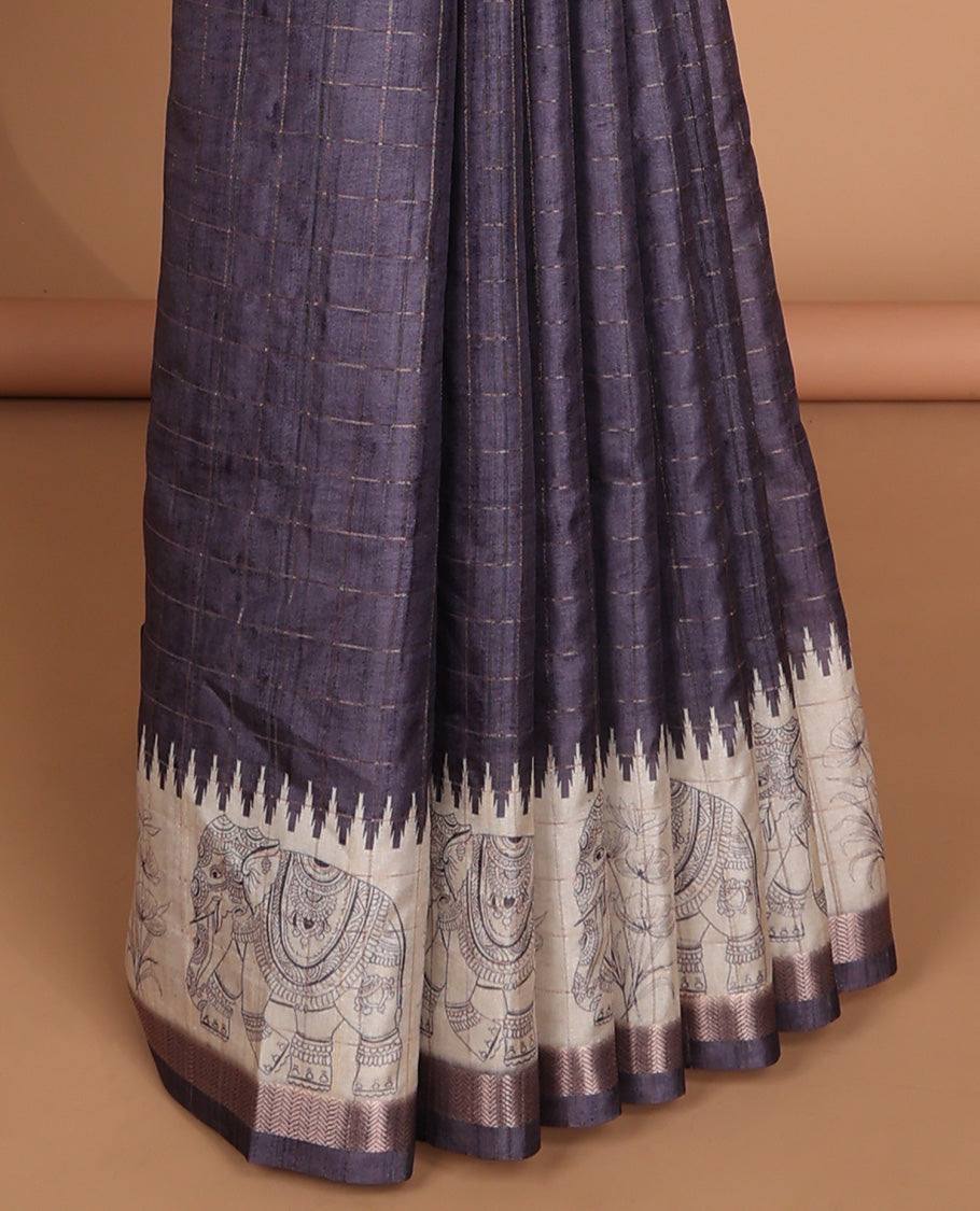 Violet all-over copper zari checks design semi tussar saree with floral, elepgant design, copper zari jacqaurd border & linnnin chip pallu along with self ajrackprinted checks blouse