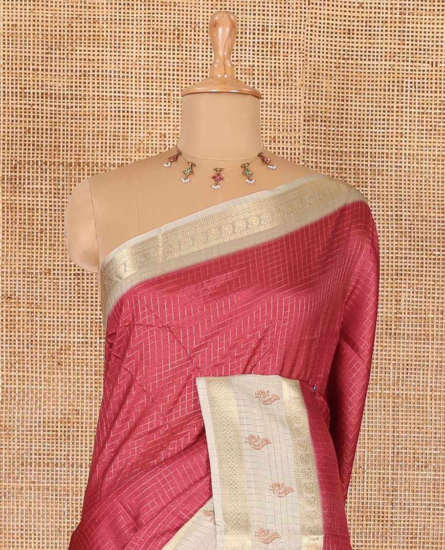Maroon gold zari checked katan silk saree with contrast traditional zari border of peacock print, peacock printed pallu, and contrast printed blouse