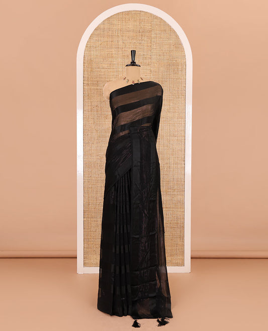 Borderless black horizontal satin thick striped shimmer georgette saree with a contrast blouse