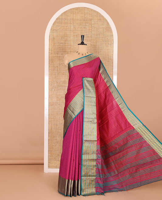 Rani pink thread butta all over body semi soft silk , contrast traditional border , contrast lining chit pallu
