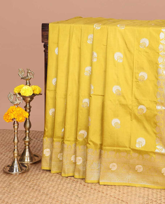 Mustard neem zari butta dola silk saree with banaras border & rich pallu along with plain blouse