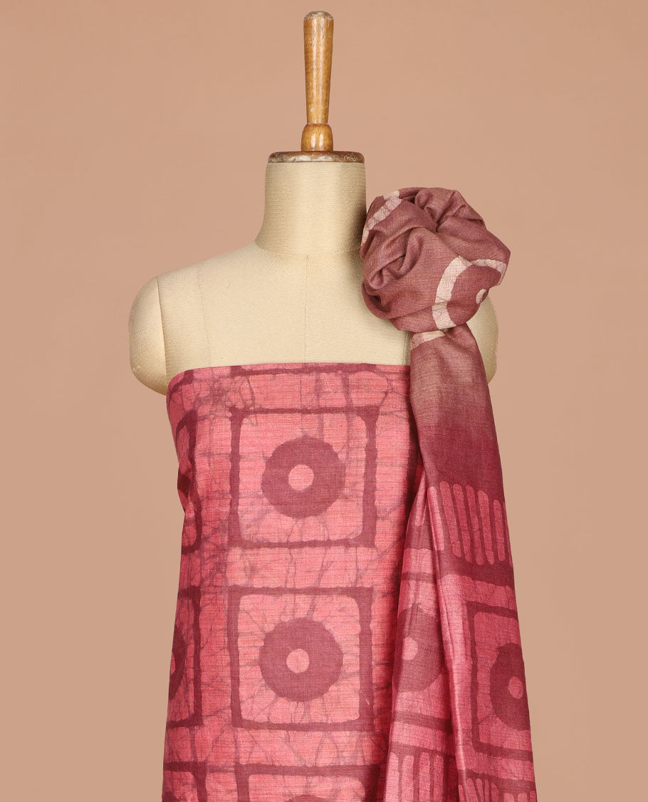 Pink with brown geometric batik print bhagalpur cotton chudidhar material top with batik print cotton pants & batik print mul mul dupatta
