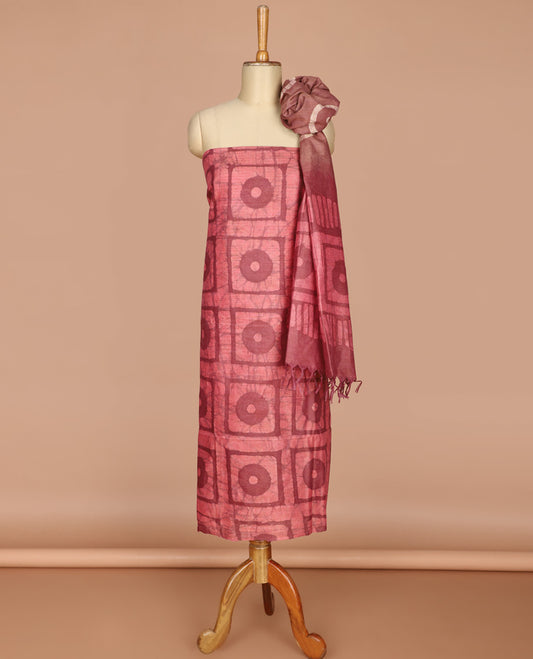 Pink with brown geometric batik print bhagalpur cotton chudidhar material top with batik print cotton pants & batik print mul mul dupatta