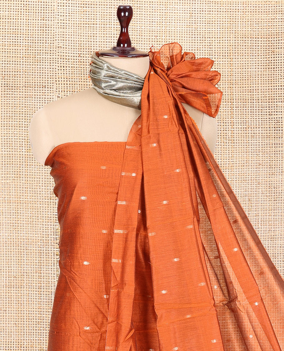 Rust Banarasi Chanderi Material Churidar, Prettified with Buttas Top, a Plain Bottom, and a Matching Dupatta