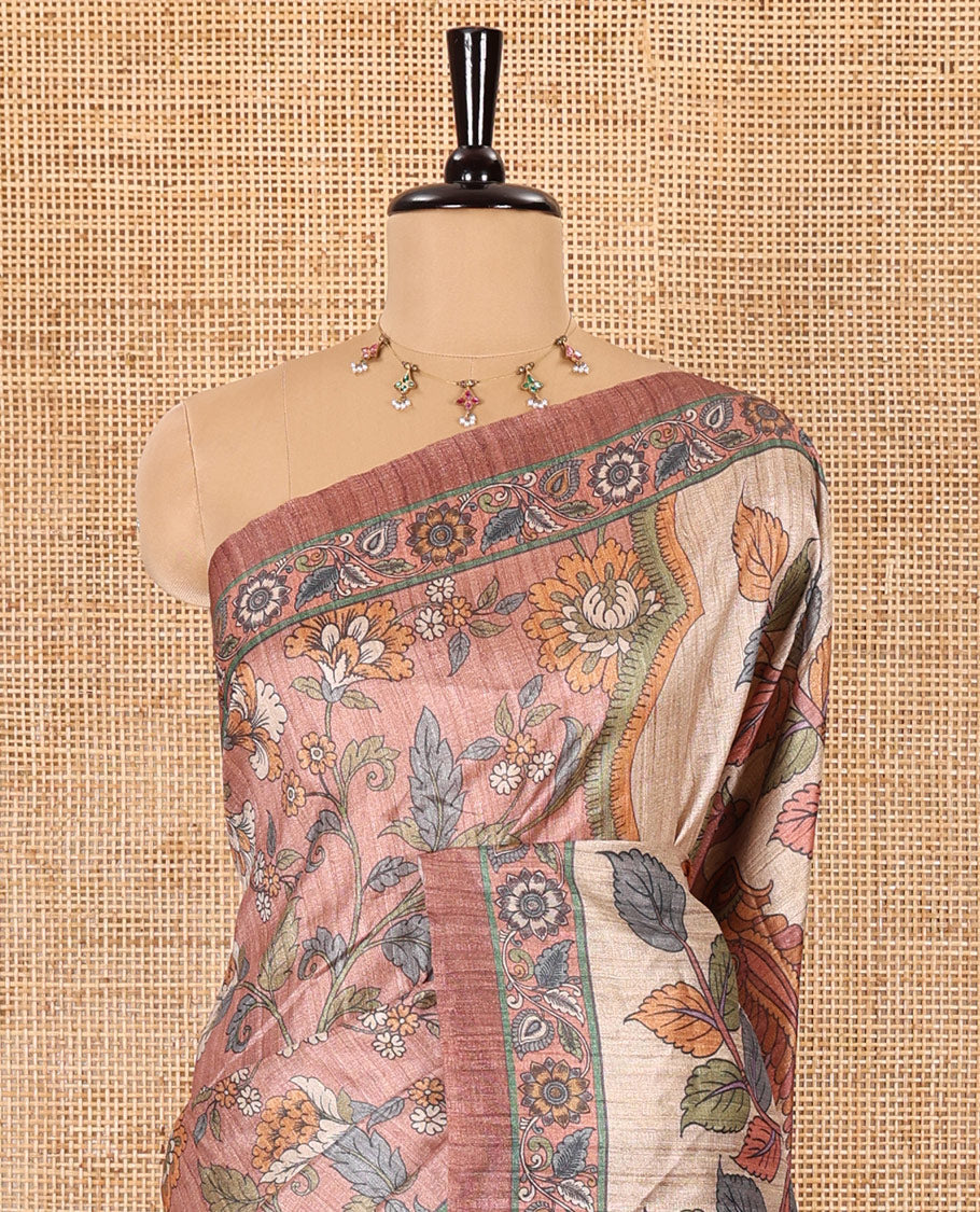 Brown kalamkari floral vine printed fancy tussar saree, floral printed border, Tree of life printed pallu, and a matching blouse