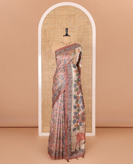 Brown kalamkari floral vine printed fancy tussar saree, floral printed border, Tree of life printed pallu, and a matching blouse