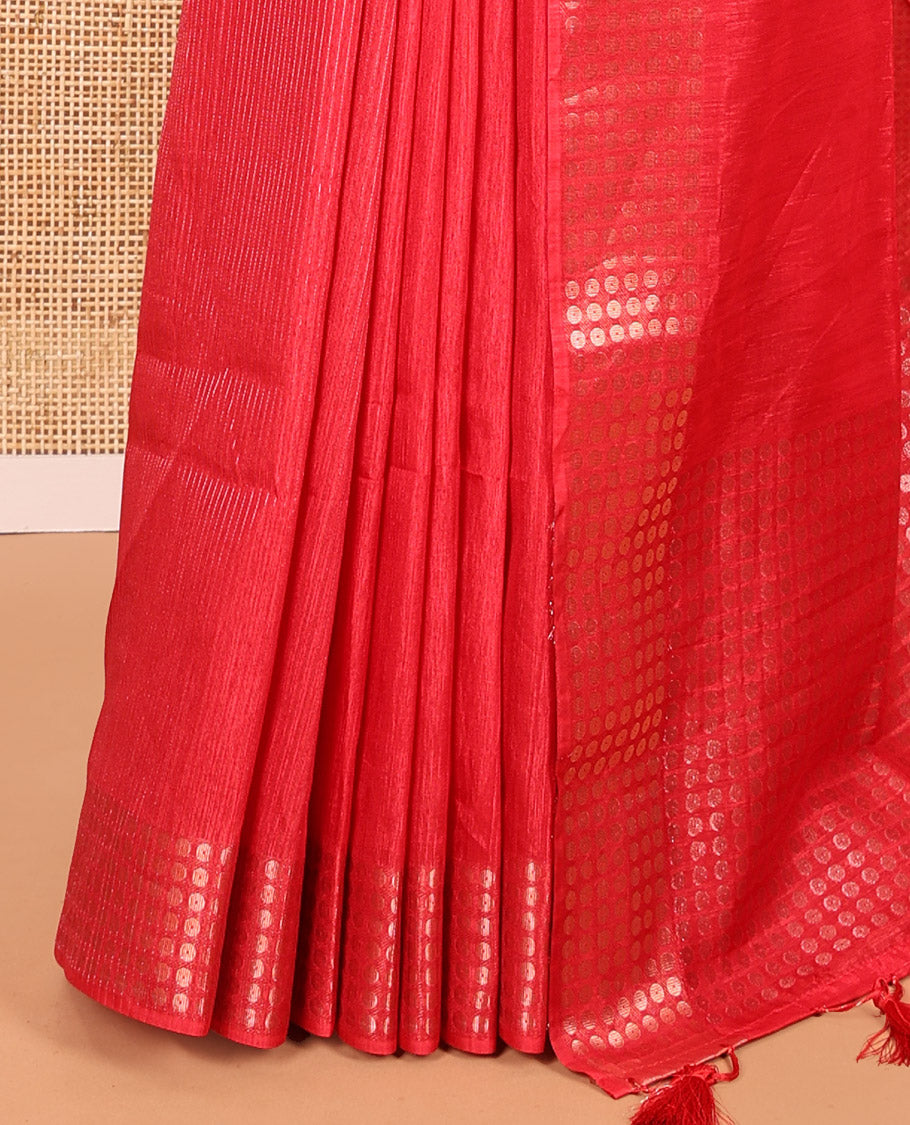 Red Fancy Tussar Saree, Polka Dotted Border,  a Floral Printed Blouse, Matching Blouse