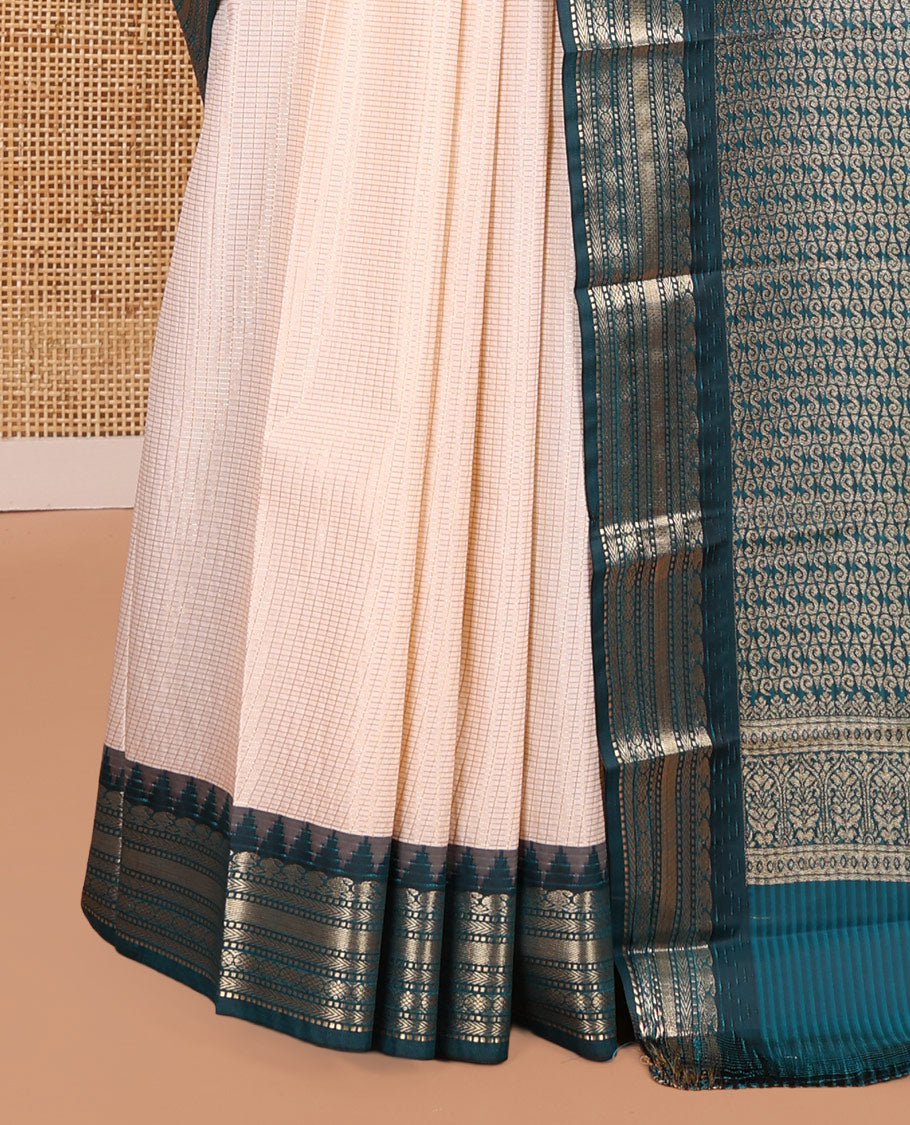 White Zari Checked Budget Silk Saree, Contrast Ganga-Jamuna Traditional Border, Intricate Pallu, and Contrast Blouse