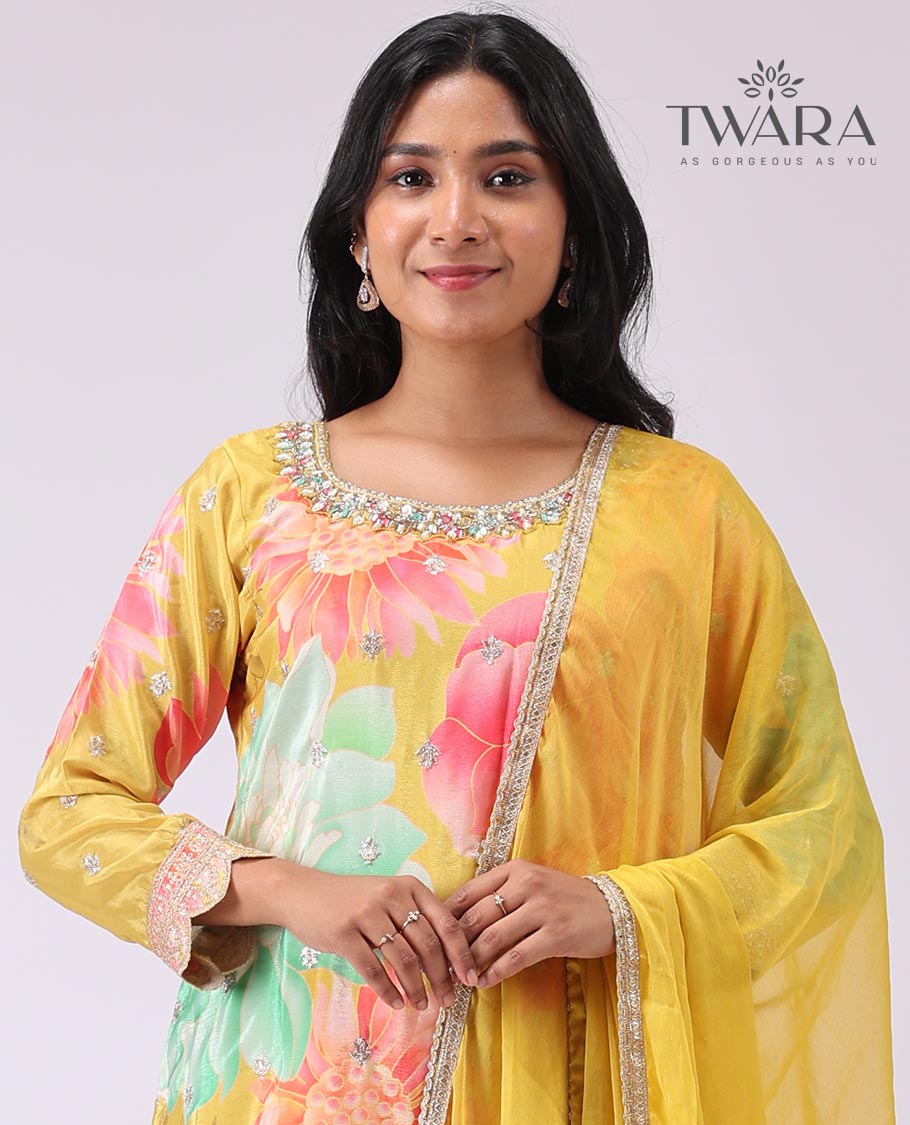 Yellow floral printed, embroidered round neck, 3/4/ th sleeve, knee lenght with floral print palazo & embroidered dupatta