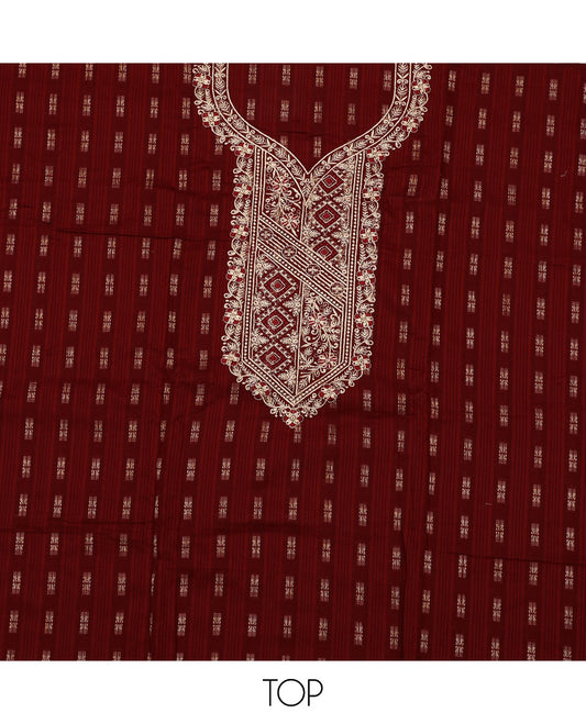 Maroon material chudidar set, buttas with neck embroidered top, contrast plain bottom, and thread and sequins embroidered dupatta