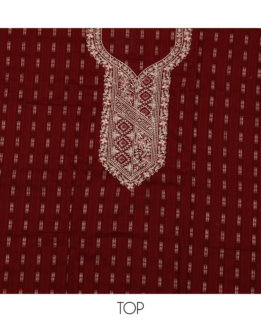 Maroon material chudidar set, buttas with neck embroidered top, contrast plain bottom, and thread and sequins embroidered dupatta