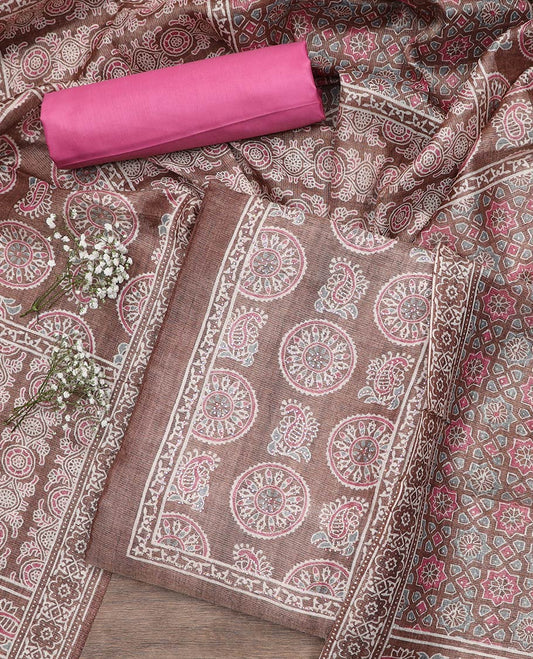 Brown material chudidar set, Ajrakh style printed with stone work top, contrast pink plain bottom and Ajrakh printed dupatta