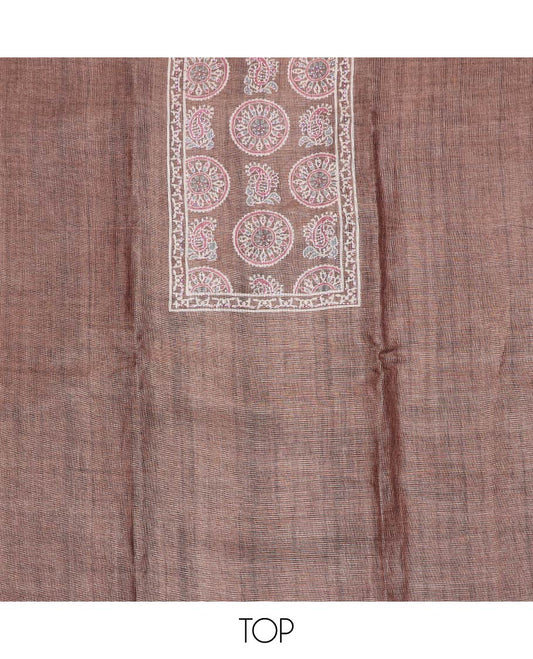 Brown material chudidar set, Ajrakh style printed with stone work top, contrast pink plain bottom and Ajrakh printed dupatta