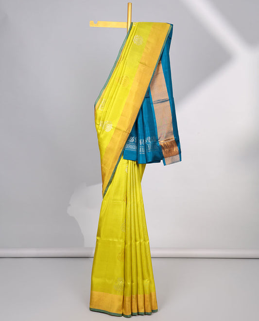 Yellow floral design uppada silk saree with contrast zari border & floral zari design pallu