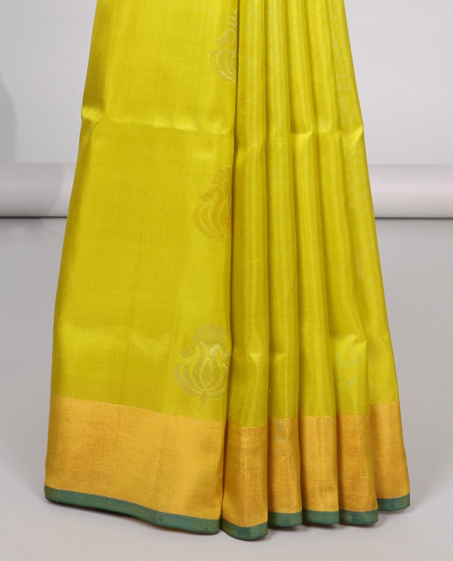 Yellow floral design uppada silk saree with contrast zari border & floral zari design pallu