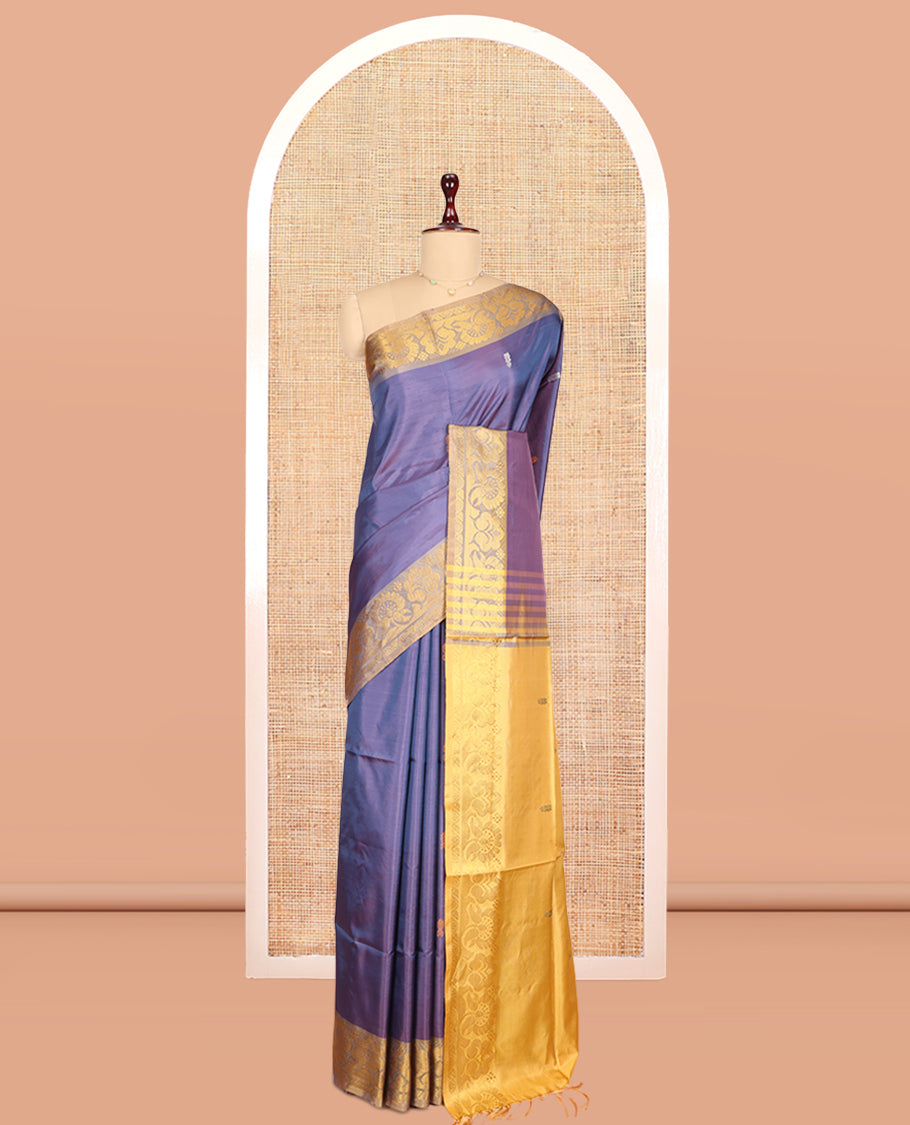 Violet Banana Pith Saree, Woven with Thread Buttas, a Contrast Traditional Zari Border, Pallu of Buttas, and a Contrast Blouse