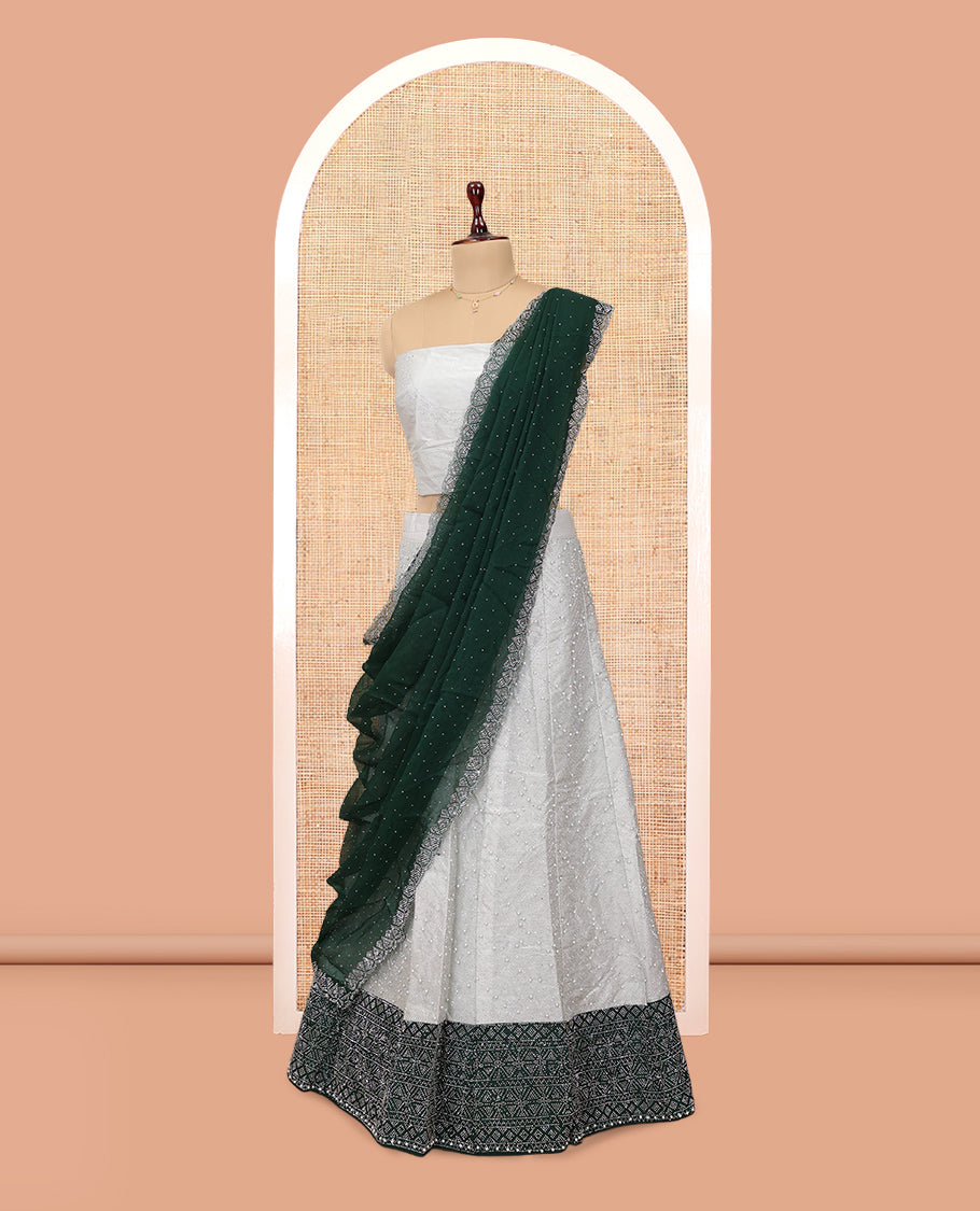 Grey Banarasi Half-Saree, Finely Crafted with Bead Work Skirt, a Contrast Stone Work Border, Matching Blouse, and Contrast Scallop Stone Work Dupatta