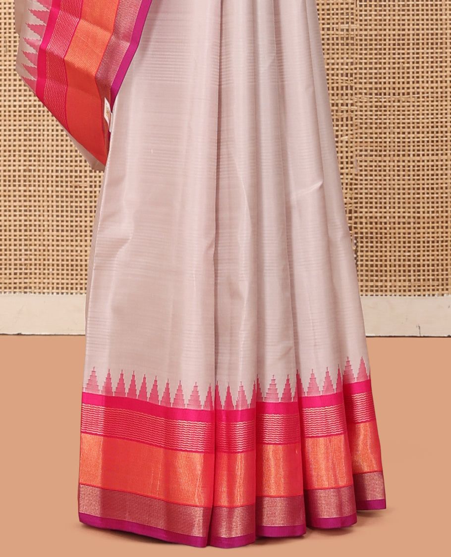 Off-White Plain Bangalore Silk Saree, Complemented by a Contrast Temple Ganga-Jamuna Border, Temple Pallu, and a Contrast Blouse