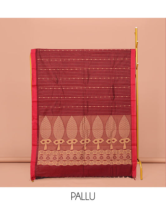 Red Kanchi Cotton Saree, Steeped with Buttas All Over Its Body, Complemented by Contrast Border, Pallu of Tree Motifs, and Paired with a Matching Blouse