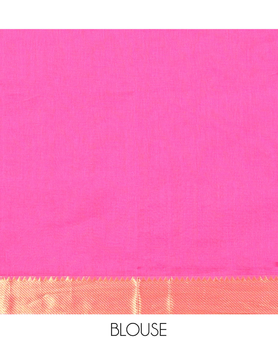 Rani Pink Sparsely Striped Mangalgiri Cotton Saree, Highlighted by a Zari Border, Gleaming Zari-Striped Pallu, and Paired with a Matching Blouse