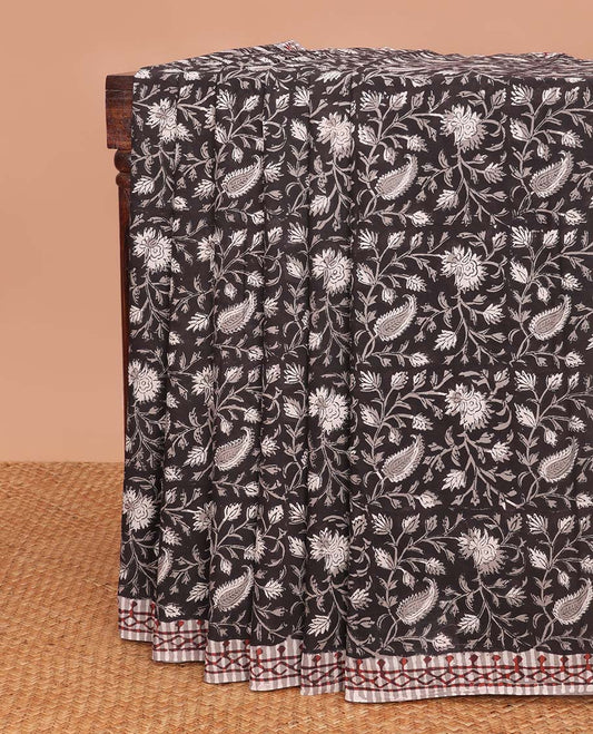 Black floral design mul mul cotton saree with contrast geometric design border & floral design pallu