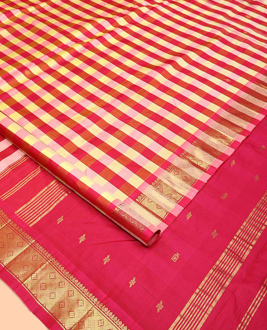 Multi-Color Kanchipuram Silk Saree, Gracefully Embellished with a Checked Design All Over Its Body, Highlighted by a One-Sided Border of Thilakam, and Jaal Designs, Pallu of Zari Designs, and Comes Without a Blouse