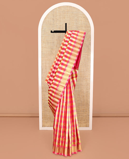 Multi-Color Kanchipuram Silk Saree, Gracefully Embellished with a Checked Design All Over Its Body, Highlighted by a One-Sided Border of Thilakam, and Jaal Designs, Pallu of Zari Designs, and Comes Without a Blouse