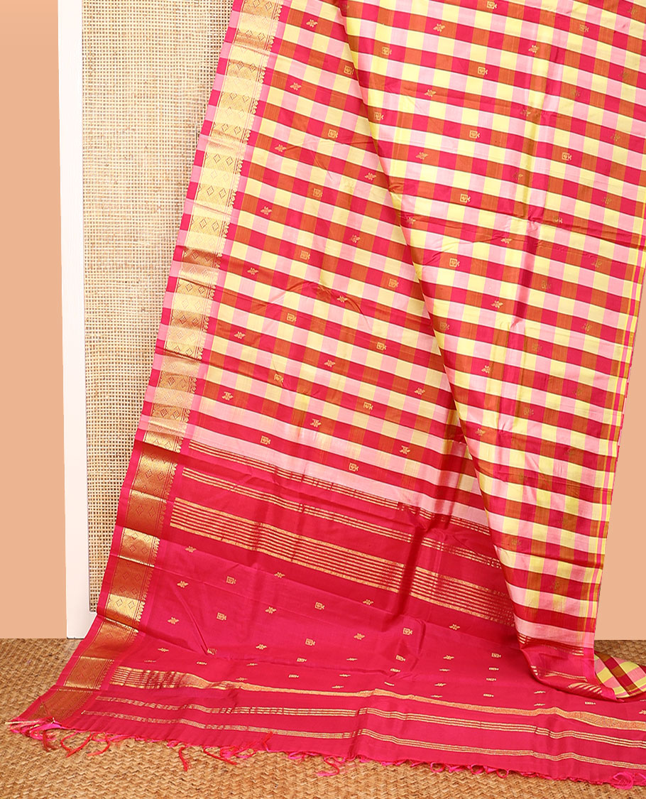 Multi-Color Kanchipuram Silk Saree, Gracefully Embellished with a Checked Design All Over Its Body, Highlighted by a One-Sided Border of Thilakam, and Jaal Designs, Pallu of Zari Designs, and Comes Without a Blouse