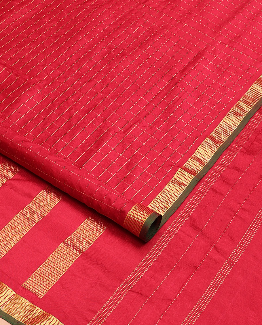 Red muthu zari kattam nine-yard silk saree, zari Muthu design border, and pallu of zari designs