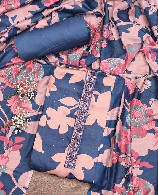Blue and Peach Material Chudidar Set, Spotlighted with Silhouette-Style Floral Print, and Stone Work on Its Rayon Top, a Plain Rayon Bottom, and Paired with a Floral Printed Rayon Dupatta