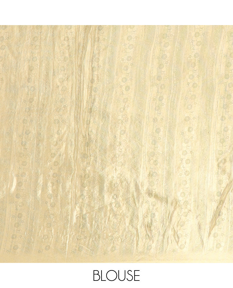 Yellow buttas with floral vine printed dola silk saree, contrast floral embroidered scallop border