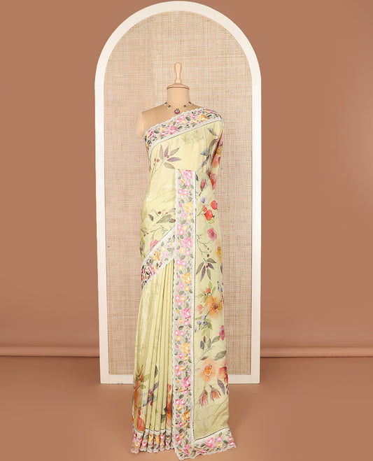 Yellow buttas with floral vine printed dola silk saree, contrast floral embroidered scallop border