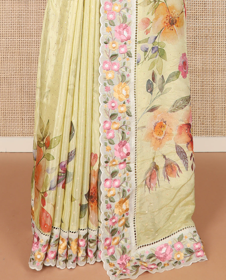 Yellow buttas with floral vine printed dola silk saree, contrast floral embroidered scallop border