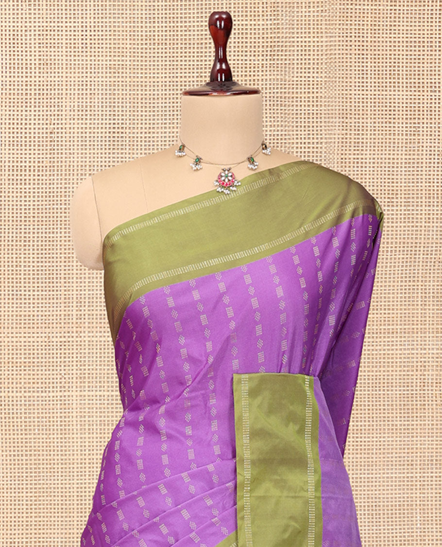 Violet Arani Saree Features Zari Buttas, a Contrast Rettai Pettu Border, Pallu of Zari Designs, and a Matching Blouse