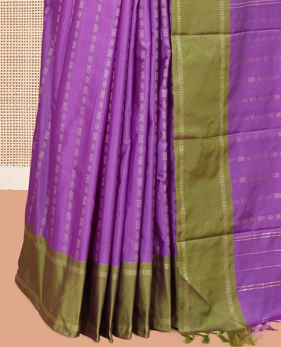 Violet Arani Saree Features Zari Buttas, a Contrast Rettai Pettu Border, Pallu of Zari Designs, and a Matching Blouse