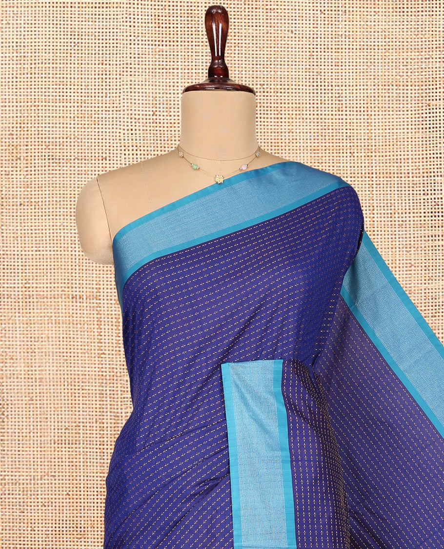 Royal Blue Aarani Gift Saree, Adorned with Plus-Shaped Buttas on Its Body, Complemented by a Contrast Striped Border, Subtle Striped Pallu, and Paired with a Matching Blouse